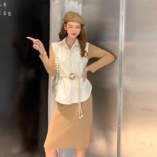 Set: Long-sleeve Dress + Faux Leather Buttoned Vest