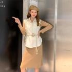 Set: Long-sleeve Dress + Faux Leather Buttoned Vest