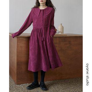 Collared Long-sleeve Mini A-line Corduroy Dress