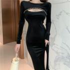 Long-sleeve Cutout Rhinestone Trim Slit Midi Bodycon Dress