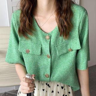 Short-sleeve Single-breasted Plain Top Green - One Size