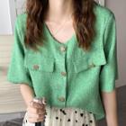 Short-sleeve Single-breasted Plain Top Green - One Size
