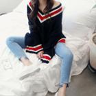 V-neck Rib-knit Long Sweater