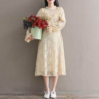 Ruffled Long-sleeve Midi Lace Dress
