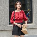 Tie Neck Elbow-sleeve Blouse Red - One Size
