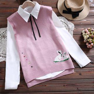Set: Long-sleeve Shirt + Print Knit Vest