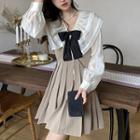 Pleated Mini A-line Overall Dress / Bow Layered Collar Blouse