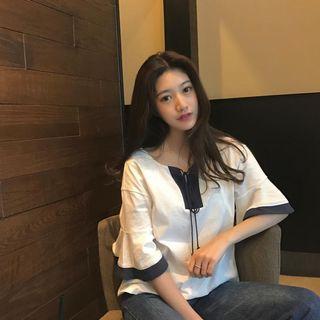 Elbow-sleeve Cross Neck Blouse