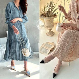 Frill-neck Crinkled Long Shirtwaist Dress With Belt