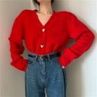 V-neck Loose-fit Cardigan Red - One Size