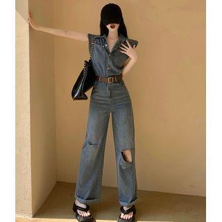 Distressed Wide-leg Denim Jumpsuit