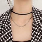 Rhinestone Faux Leather Layered Choker Black & Silver - One Size
