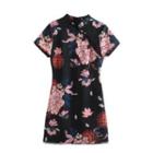 Short-sleeve Floral Print Satin Mini Qipao