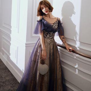 Elbow-sleeve Cold-shoulder Embellished A-line Gown