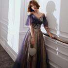 Elbow-sleeve Cold-shoulder Embellished A-line Gown