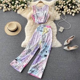 Set Of 2 : Round-neck Sleeveless Top + Print Wide-leg Pants