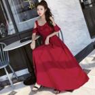Frill Trim Off Shoulder Short Sleeve Maxi Dress