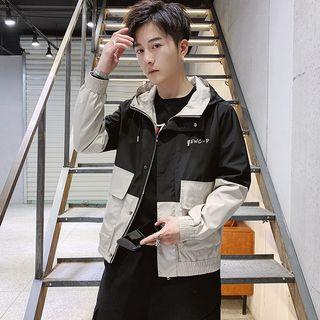Lettering Two-tone Zip Hooded Jacket