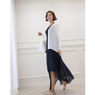 Band-waist Chiffon-overlay Long Skirt
