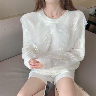 Sequined Mesh Panel Knit Top White - One Size