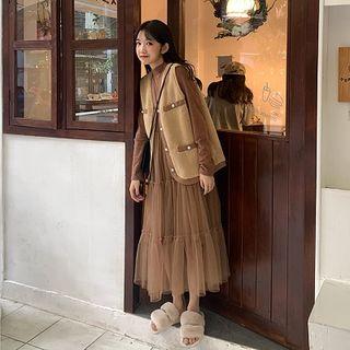 Button Vest / Long-sleeve Maxi Mesh Dress