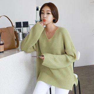 Tall Size V-neck Loose-fit Ribbed Knit Top