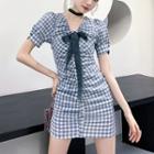 Short-sleeve Gingham Bow Mini Dress