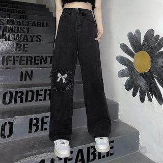 Ribbon Print High Waist Wide Leg Jeans