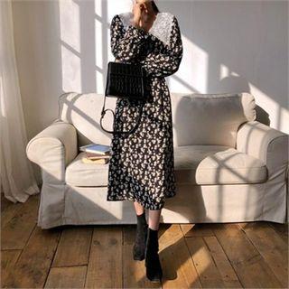 Lace-collar Floral Print Dress With Sash Black - One Size
