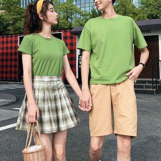 Couple Matching Plain Short-sleeve T-shirt / Plaid Pleated Skirt