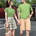 Couple Matching Plain Short-sleeve T-shirt / Plaid Pleated Skirt