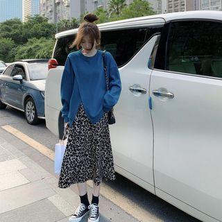 Asymmetrical Slit Sweatshirt / Leopard Print Midi A-line Skirt / Set
