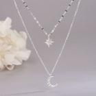 925 Sterling Silver Rhinestone Moon & Star Pendant Layered Necklace Ns457 - Silver - One Size