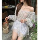 Long-sleeve Off-shoulder Print Top / Skort