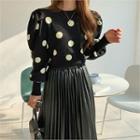 Puff-sleeve Dotted Knit Top Black - One Size