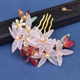 Retro Flower Beaded Hair Comb M121 - Light Pink & Red - One Size