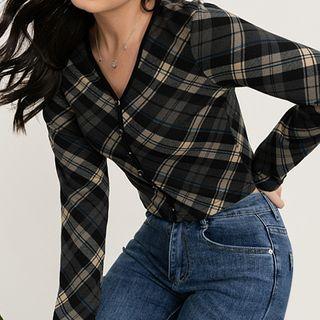 Long Sleeve Argyle Crop Knit Cardigan Gray & Black Check - One Size