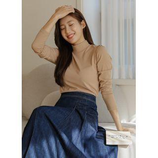 Mock-neck Shirred-shoulder Top