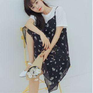 Set: Short-sleeve T-shirt + Floral Chiffon Spaghetti-strap Midi Dress