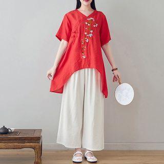 Set:v Neck Plum Blossom Short Sleeve Top +plain Wide Leg Pants