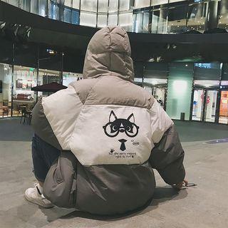 Dog Print Hooded Color Panel Zip Coat