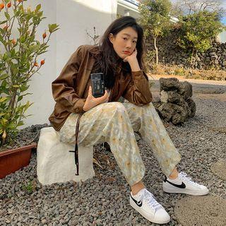 Drawcord Floral Crepe Pants Yellow & Gray - One Size