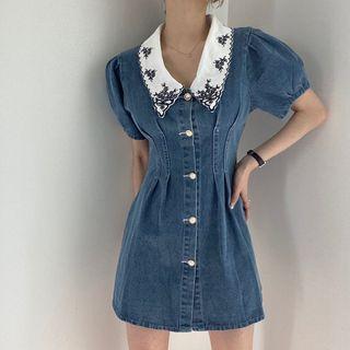 Puff-sleeve Collar Denim Mini A-line Dress Denim Blue - One Size