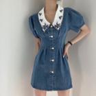 Puff-sleeve Collar Denim Mini A-line Dress Denim Blue - One Size