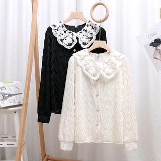 Faux Pearl Button Lace Pleated Top
