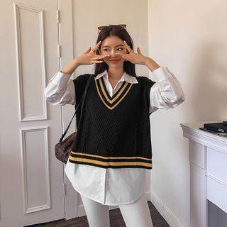 Contrast-trim Button-side Knit Vest