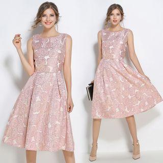 Sleeveless Flower Jacquard A-line Dress