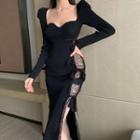 Long-sleeve Lace Trim Slit Midi Sheath Dress Black - One Size