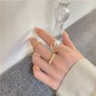 Set : Faux Pearl Alloy Open Ring + Bar Alloy Ring + Geometric Alloy Ring Gold - One Size