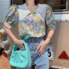 Short-sleeve Floral Print Mini A-line Dress / Blouse